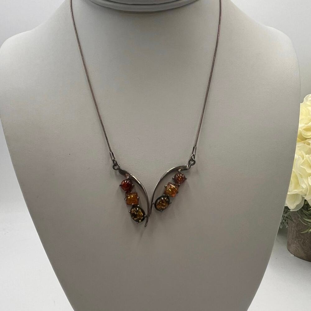 Vintage Sterling‎ Silver Classic Baltic Cognac, Green, Yellow Amber Necklace
